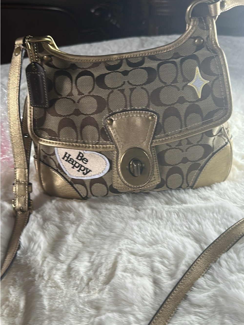 Coach Gold/Brown Signature 'Be Happy' Crossbody